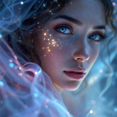 The primary subject of the image is a woman with blue eyes, who is the main focus of the scene. She is surrounded by a blue and white background, which adds to the overall atmosphere of the image. The visual style of the image is a combination of photo and digital art, creating a unique and captivating representation of the woman. The colors and mood of the image are predominantly blue and white, giving it a serene and calming appearance.